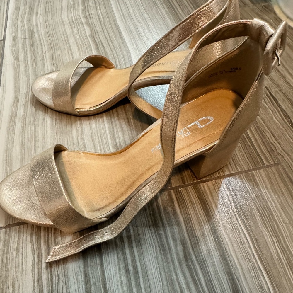 CL by Laundry Metallic Rose Block Heel Sandals with Ankle Strap